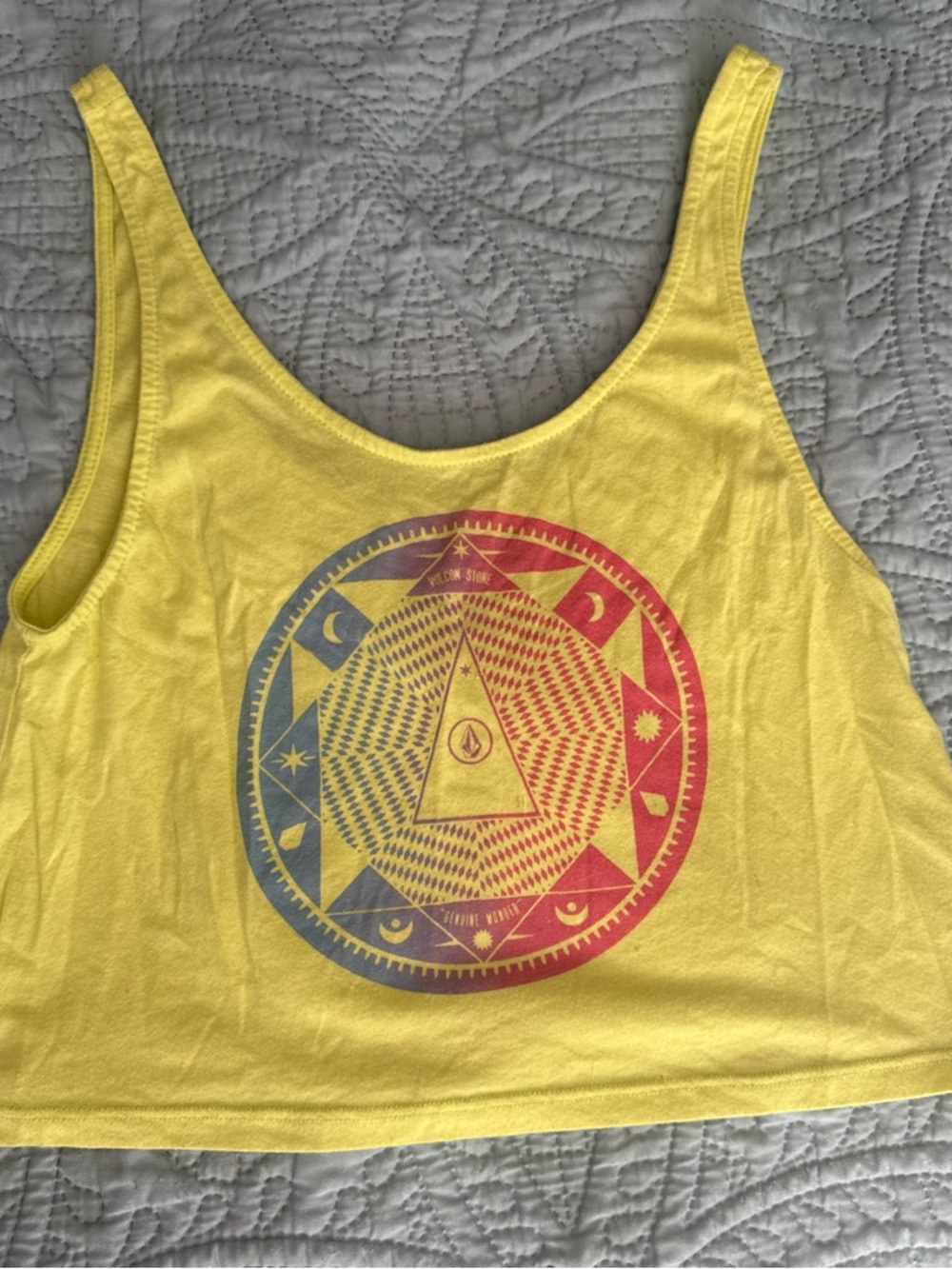 Volcom Yellow Graphic Crop Tank with Pink & Blue Medallion